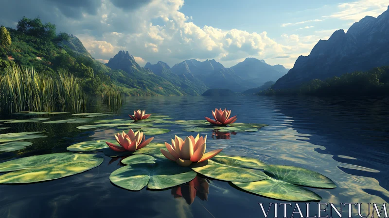 Water lilies float on a calm mountain lake at sunset