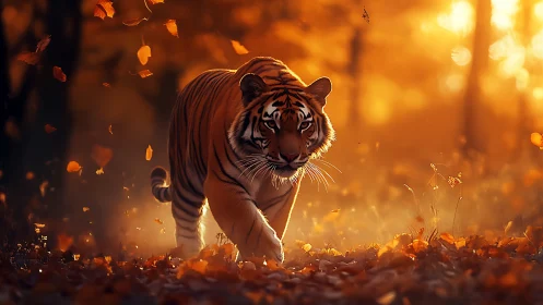 Autumn-lit tiger advancing through shallow-focus forest glow.