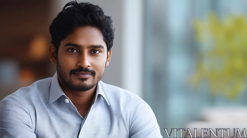 Confident young man in soft office light gazes forward calmly.