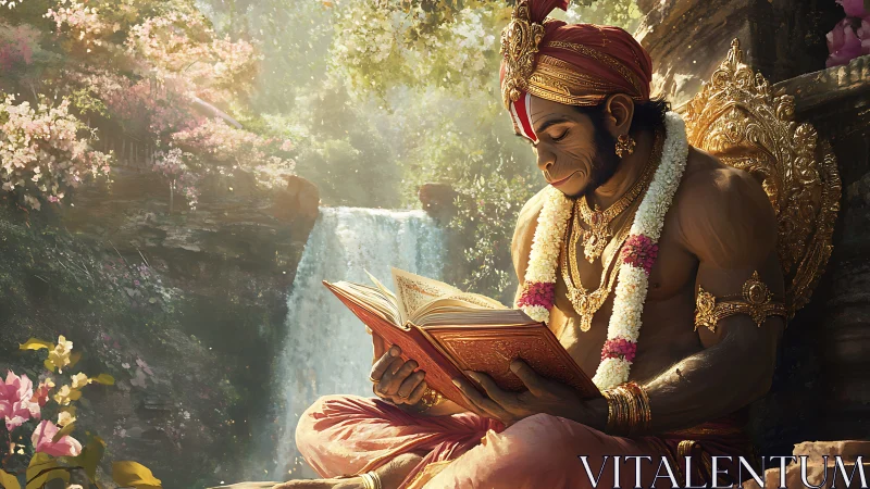 Sacred monkey sage reading by a sunlit jungle waterfall.