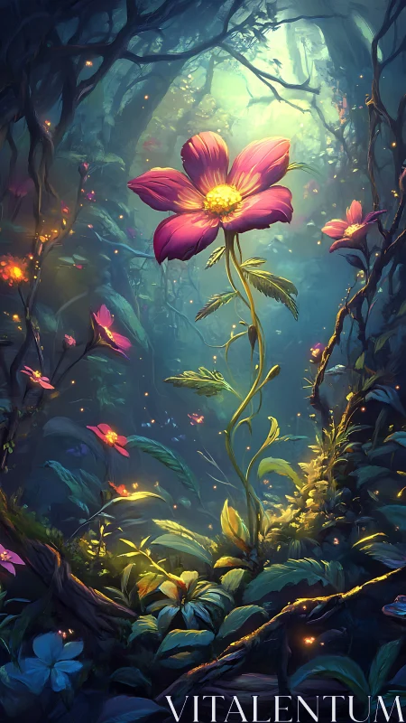 Luminous pink flower rising in dense enchanted forest.