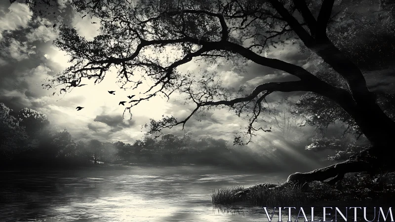 Moonlit forest lake captures branching silhouette and mist