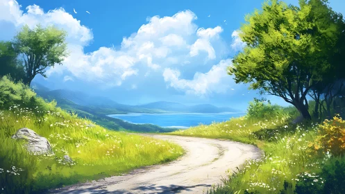 Sunlit country path curls lazily toward a whispering bay