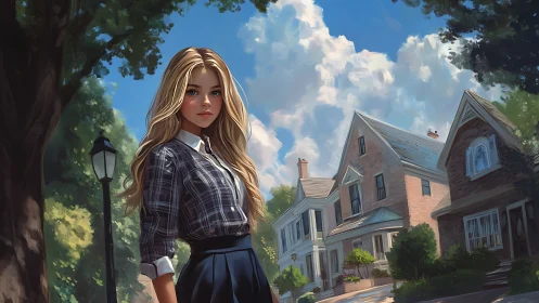 Digital painting of suburban street portrait with soft realism.