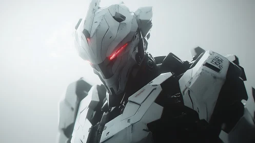 White armored combat mech stands in mist with red optics