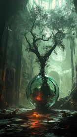 Ancient glass sphere nurtures luminous tree in ruined hall.