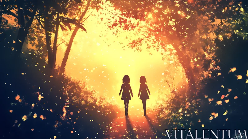 Backlit forest silhouettes with volumetric golden haze glow.