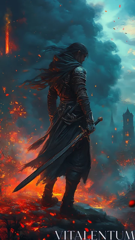 Armored swordsman on burning battlefield with distant towers.