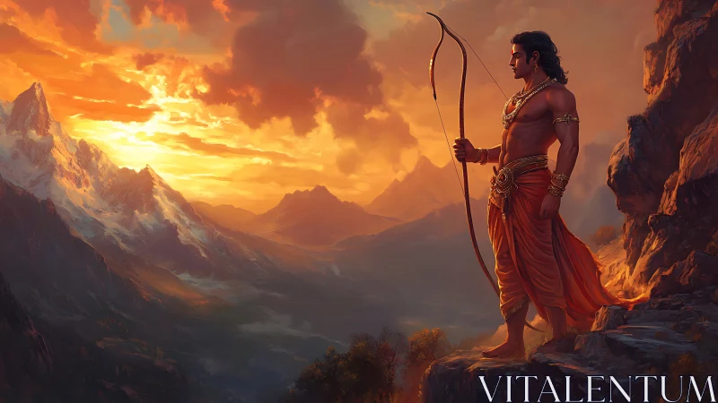 Warrior archer overlooking glowing alpine valley at sunset