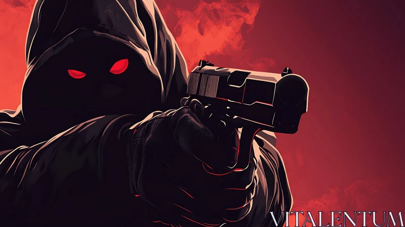 Hooded gunman silhouette with glowing eyes in red haze.