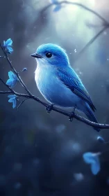 Blue Bird Perched on Branch with Glowing Flowers