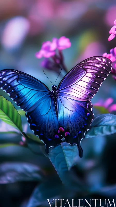 Iridescent blue butterfly rendered in high-contrast macro focus