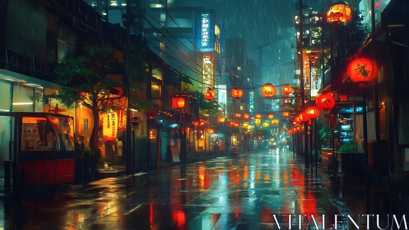 Rainy neon street with red lanterns in an empty city.