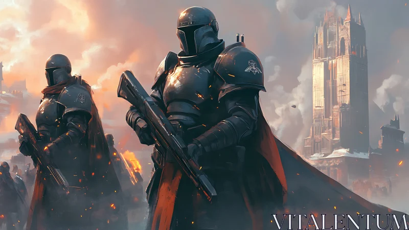 Armored sci fi knights guard burning gothic citadel