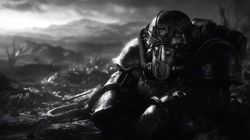 Steel-clad wanderer rests quietly in a ruined horizon hush