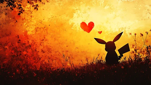 Silhouetted Rabbit Heart Landscape Digital Painting.