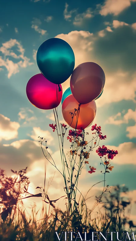 Colorful Balloons Above Wildflower Field Against Clouded Sky.