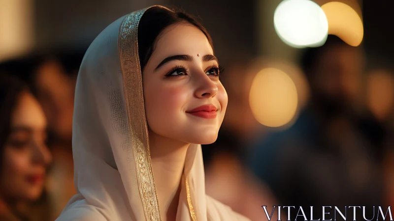 Young woman in traditional attire smiling at night, warm lighting.