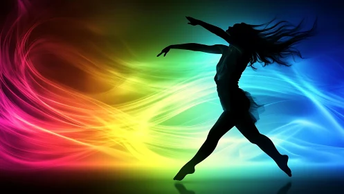 Silhouette dancer leaping across flowing rainbow light waves.
