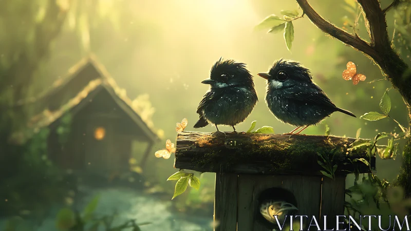 Two Fluffy Birds on Birdhouse in Magical Forest at Sunrise.