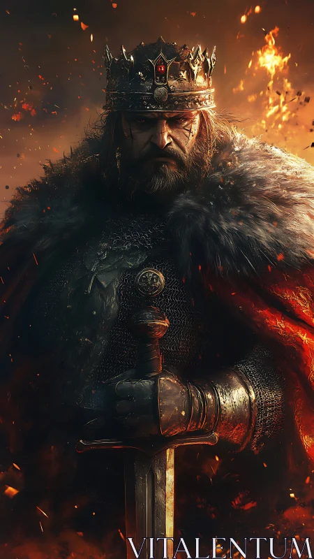 Fierce medieval king standing strong in firelit armor.