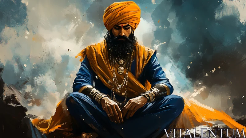 Turbaned figure seated in orange and blue garments outdoors.