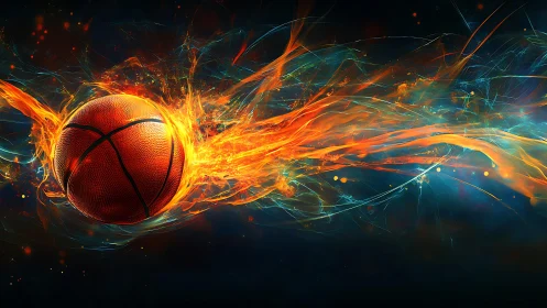 Fiery basketball streak cuts through dark electric void.