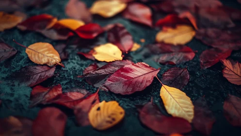 Macro-depth study of wet autumn leaf scatter on asphalt surface.
