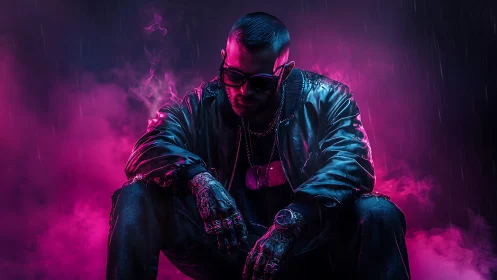 Cyberpunk portrait under neon magenta atmospheric backlight.