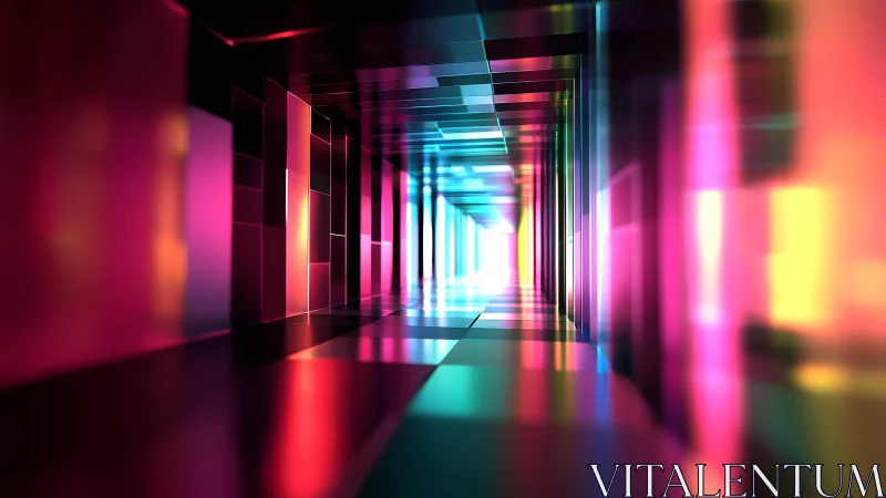 Futuristic Neon Tunnel with Vibrant Reflections in Abstract Style.