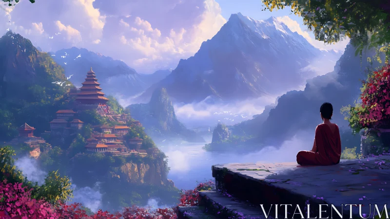 Meditating monk overlooks terraced mountain temples in luminous valley