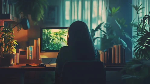 Woman at glowing desktop creates calm, plant-filled workspace