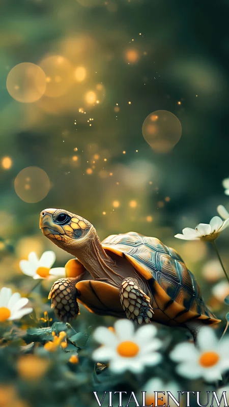 Juvenile tortoise in daisies under bokeh firefly light field