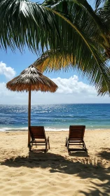 Sunlit tropical beach chairs face calm sparkling sea
