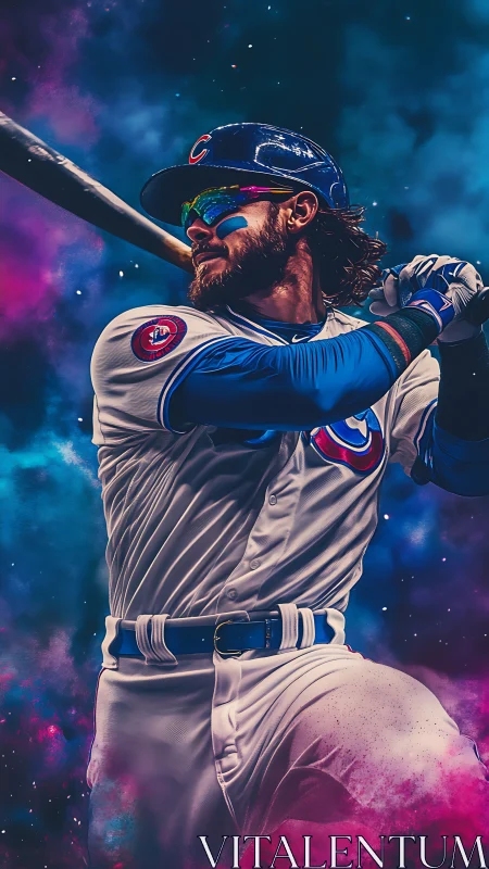 Baseball slugger swings bat amid neon cosmic vapor clouds