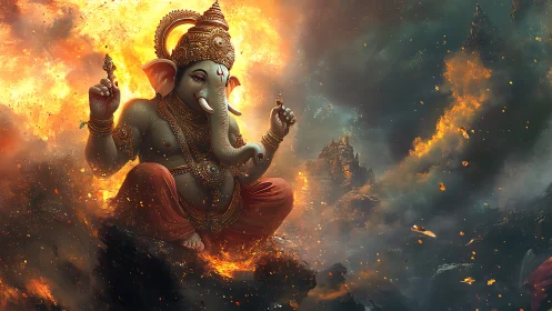 High-detail Ganesha deity rendered amid volumetric fire clouds