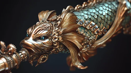 Ornate Golden Sword Hilt Shaped as Fish, Fantasy Art Style.