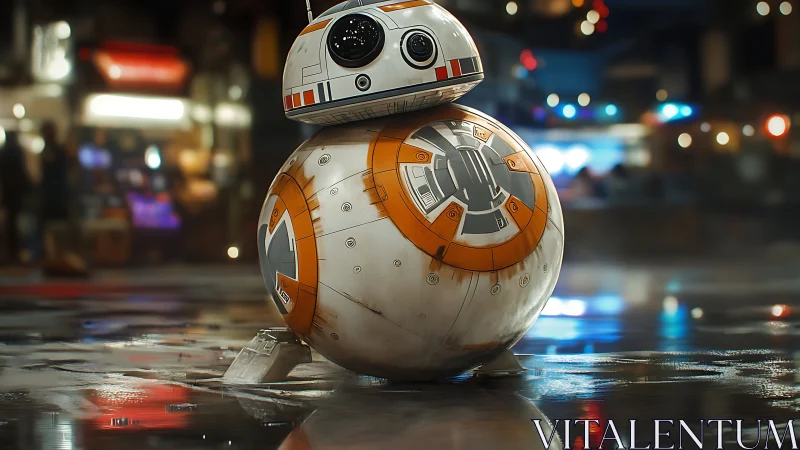 Spherical robot droid gleams on a neon soaked city street