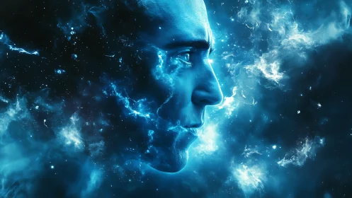 Human profile integrated with blue cosmic nebula field.