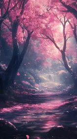 Digital painting of luminous cherry grove and misted cascade.