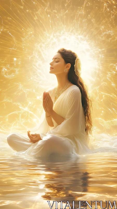 Golden meditative goddess radiates serene divine light.