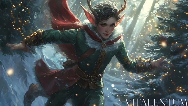 Winter forest elf dashing through snow with luminous magic