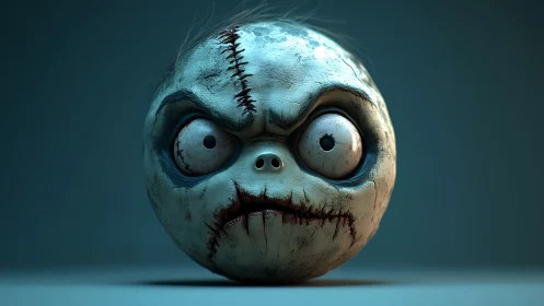 Stitched cracked monster head with bulging damaged eyes.