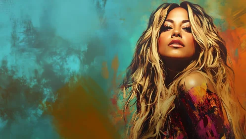 Woman with long hair stands before vivid abstract background