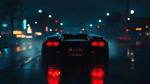 Retro supercar taillights on wet neon city street at night.