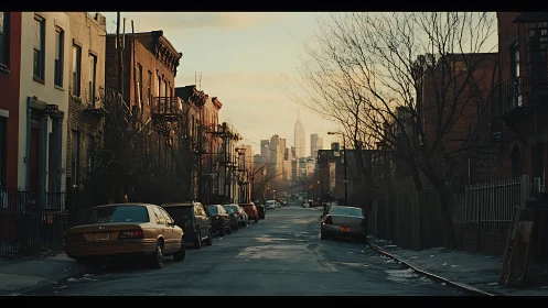 Quiet city backstreet falls into dusk as skyline glows ahead