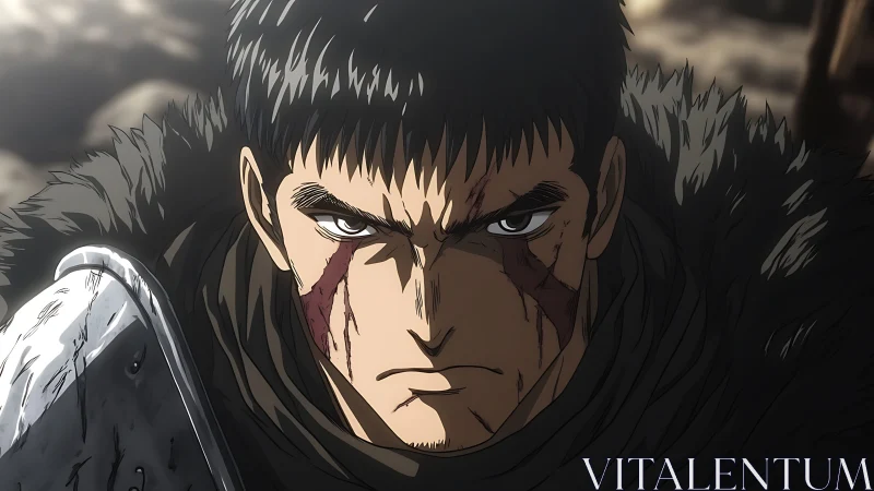 Brooding warrior caught between battle scars and resolve.