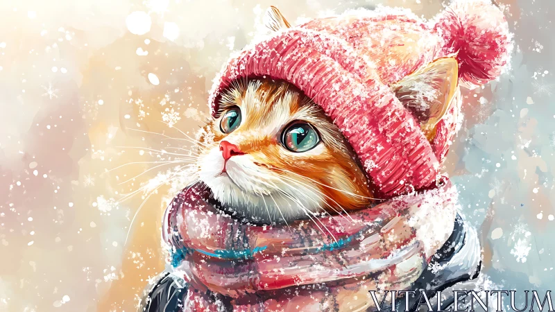 Cat wearing pink knit hat and winter scarf in snowy setting.