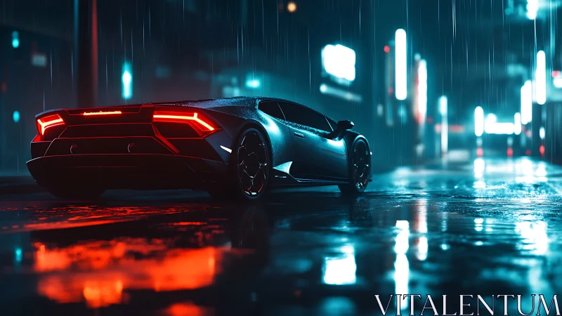 Midnight supercar glows against neon lights and city rain