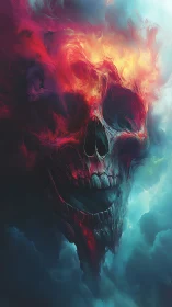 Infernal nebula skull emerging through turbulent chroma clouds.